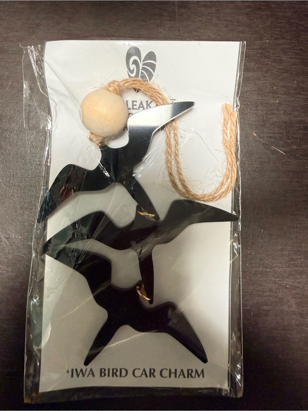 NWT Black 'Iwa Bird Car Lei/Charm with Natural Wood Bead